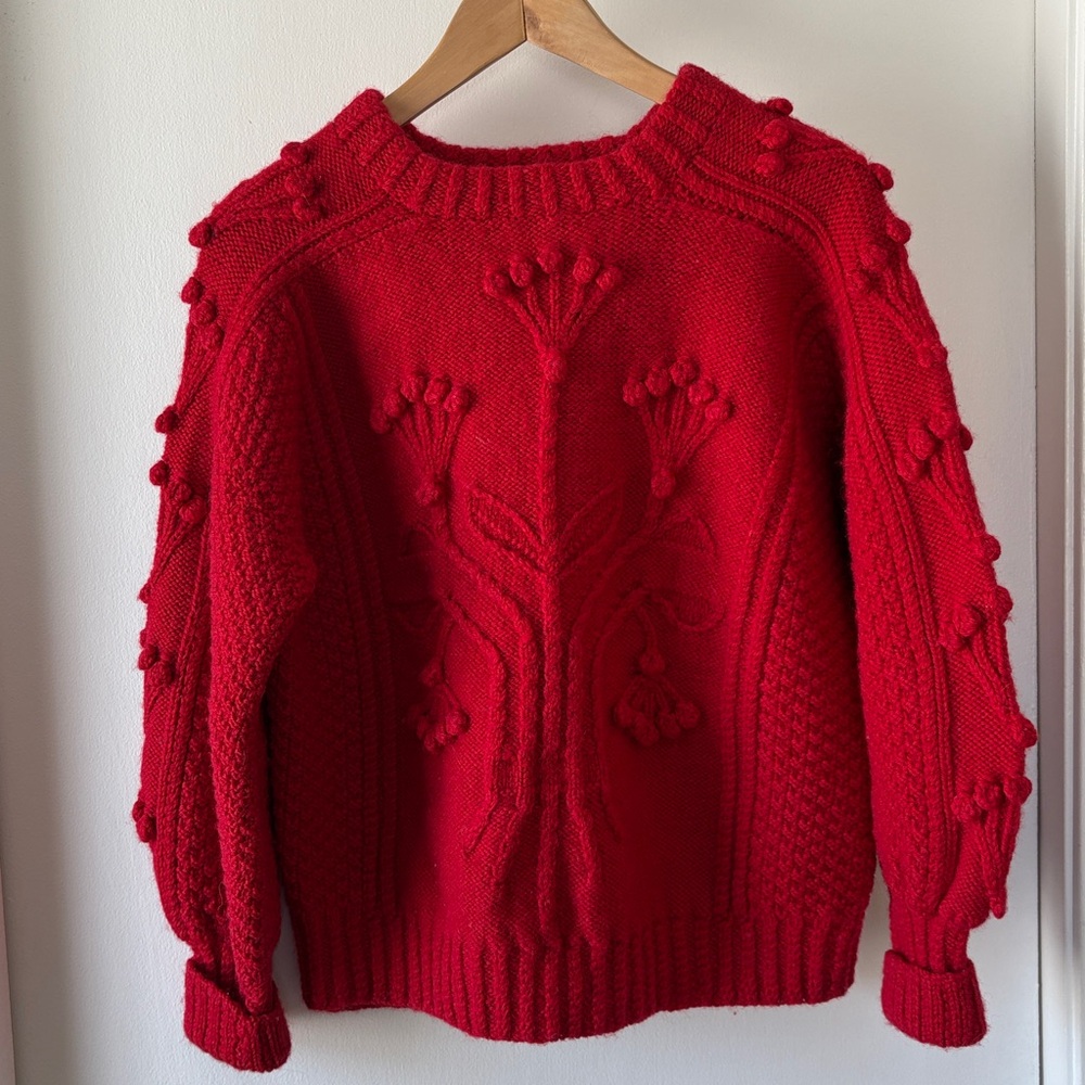 Blarney Irish Aran Wool Red Sweater with Bobble Details S